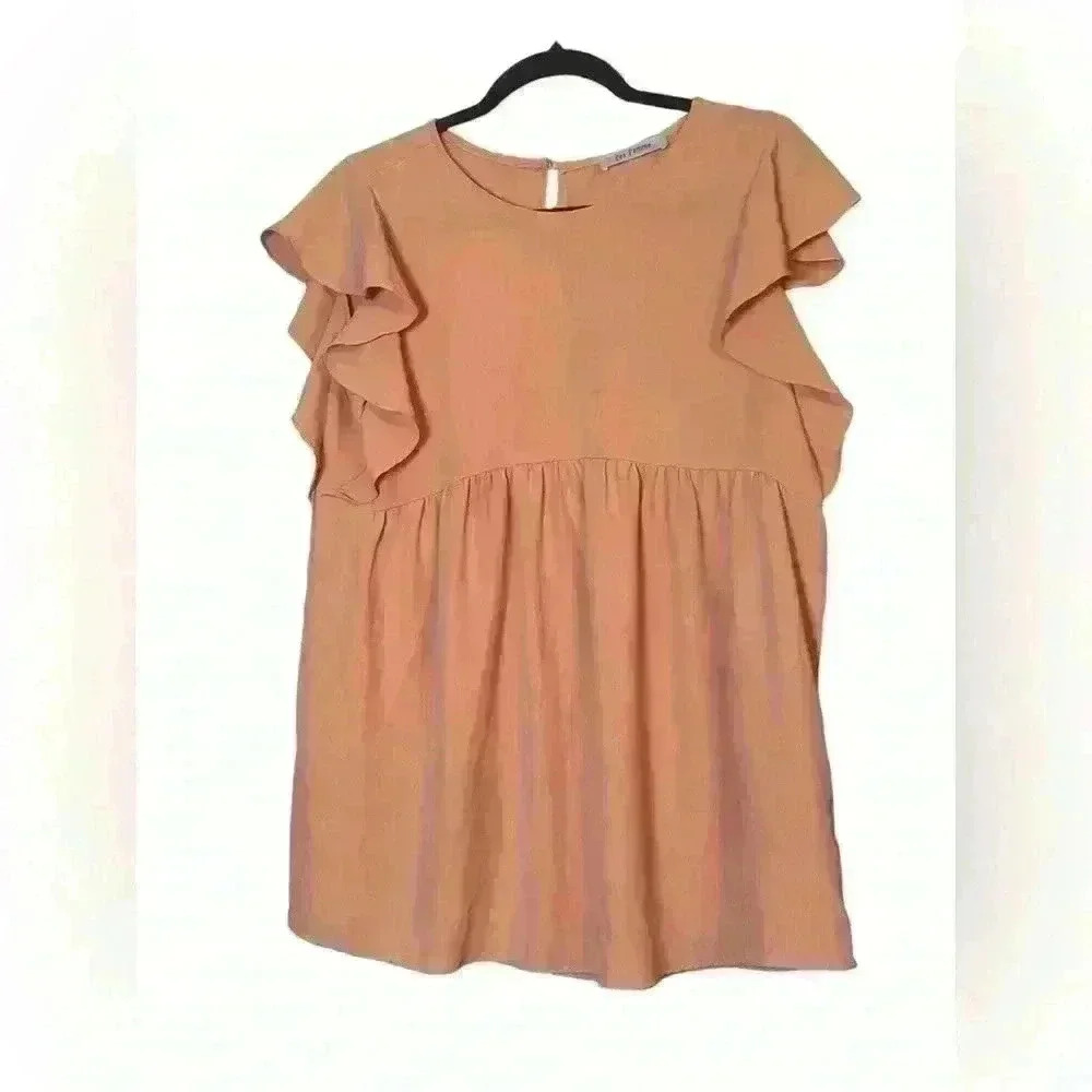 Ces Femme Lightweight Flowy Babydoll‎ Peach Blouse with Flutter Sleeves Small